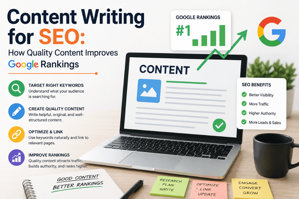 SEO content writing strategy improving Google rankings and organic website traffic
