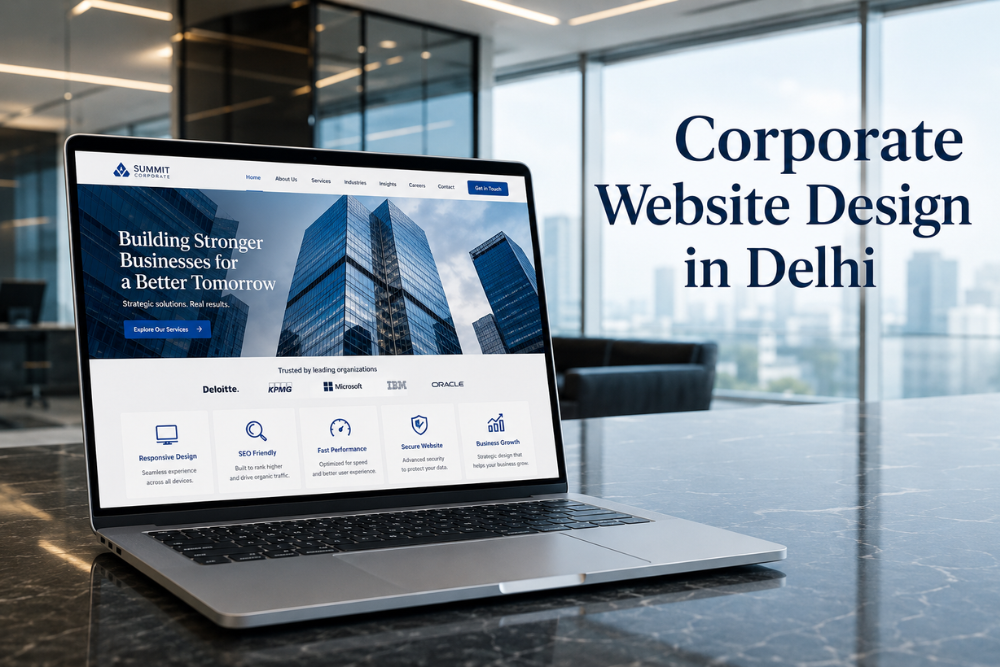 Corporate website design in Delhi displayed on a modern laptop featuring a responsive, SEO-friendly business website interface.