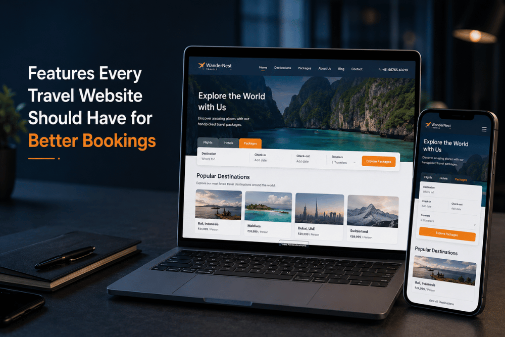 Professional travel website design displayed on mobile and laptop devices