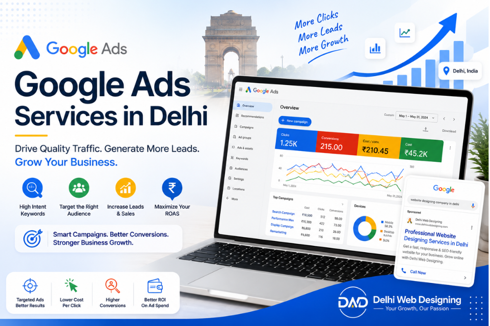 Google Ads Services in Delhi showing Google Search Ads dashboard, keyword targeting, PPC campaign management, conversion tracking, and lead generation analytics.