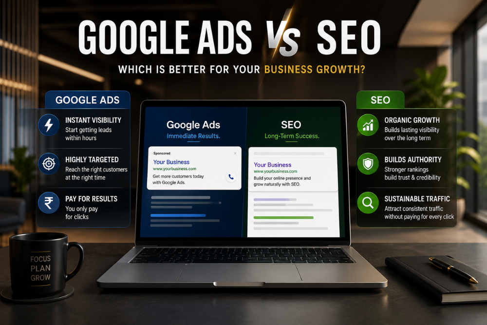 Google Ads vs SEO comparison showing paid advertising, organic search rankings, website traffic, lead generation, and business growth strategy.