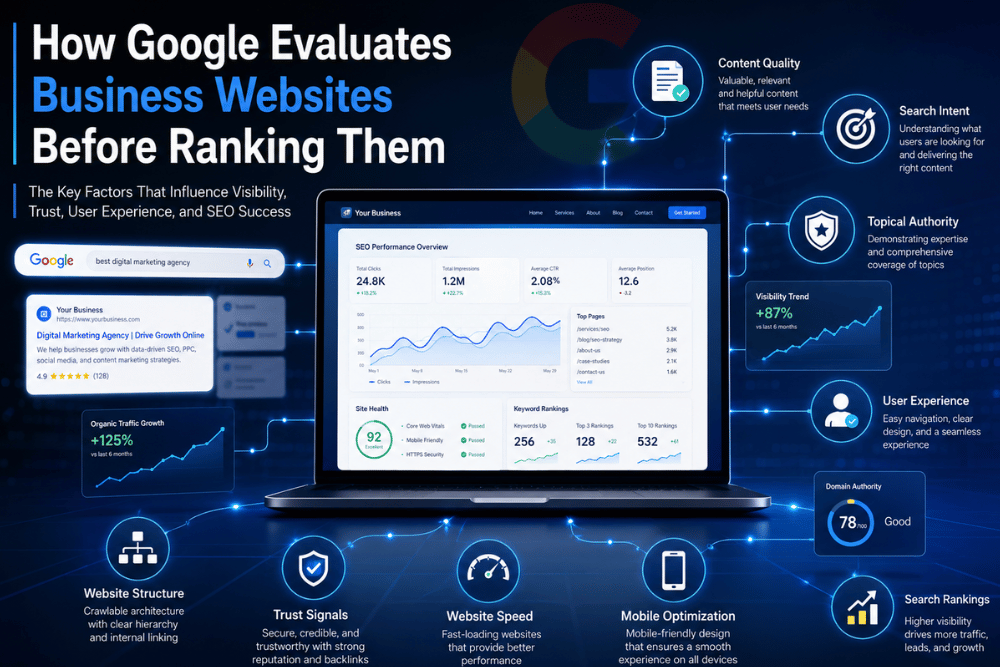 How Google evaluates business websites based on content quality, trust signals, user experience, and SEO factors