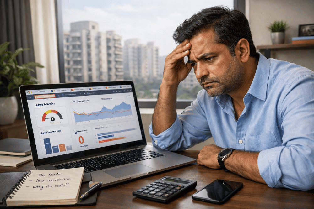Business owner in Dwarka analyzing why website is not getting leads on laptop with low conversion data