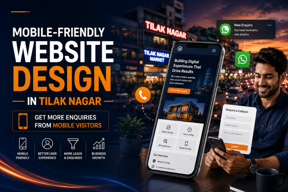 Mobile-friendly business website displayed on smartphone and laptop screens for better user experience and lead generation in Tilak Nagar.