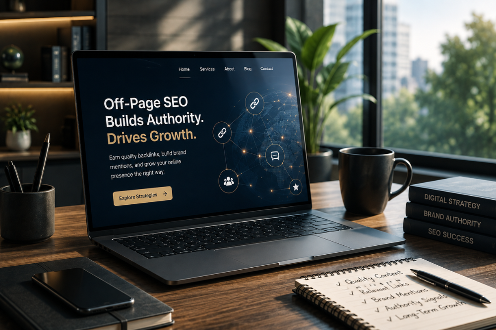 Off-page SEO strategy showing backlinks, brand mentions and website authority
