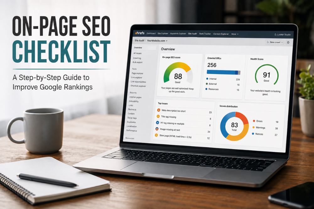 On-page SEO checklist showing website optimization dashboard to improve Google rankings and search visibility