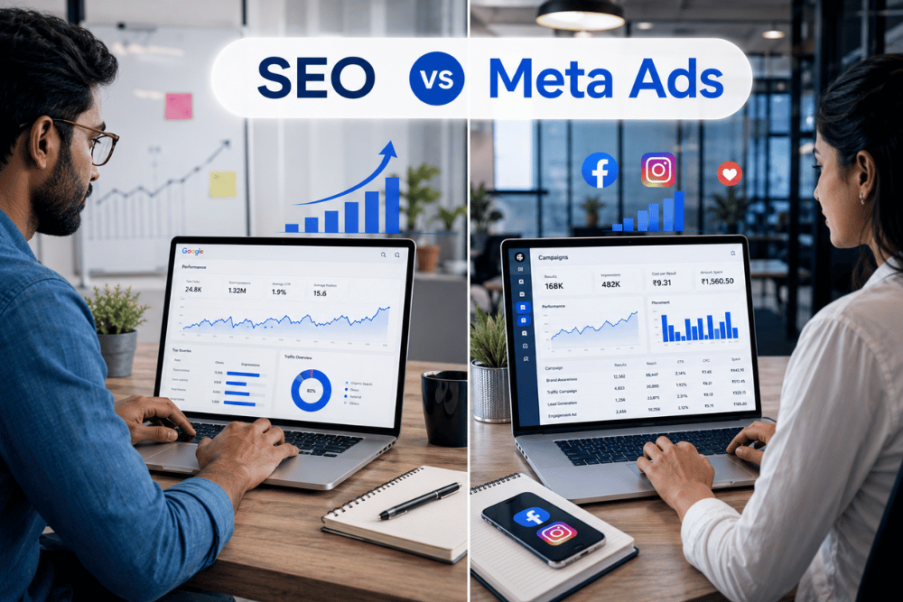 Business owner comparing SEO and Meta Ads strategies for online business growth and digital marketing success