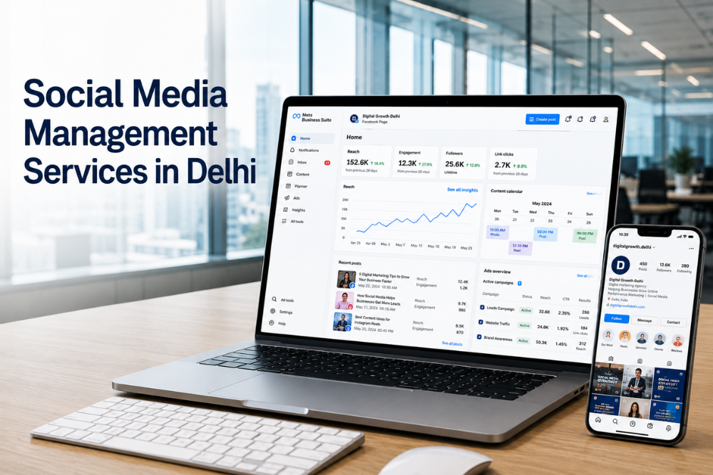 Social media management services in Delhi with Facebook, Instagram, content creation, and Meta Ads for business growth.