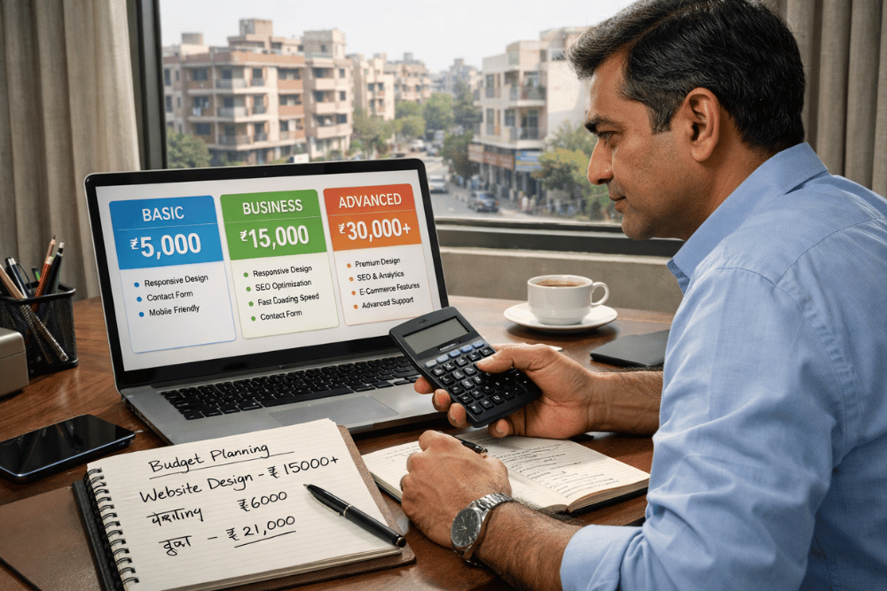 Website design cost planning for local businesses in Vikaspuri Delhi on laptop screen