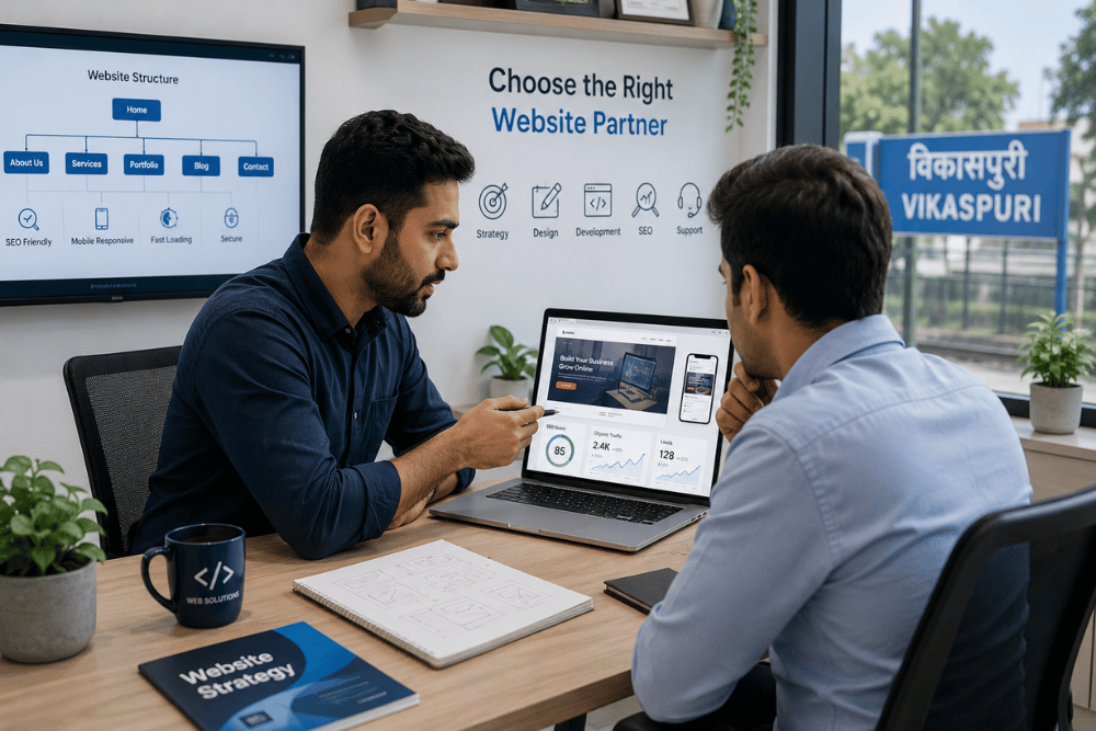 Professional website design consultation for businesses in Vikaspuri showing website strategy, SEO planning, and business growth discussion