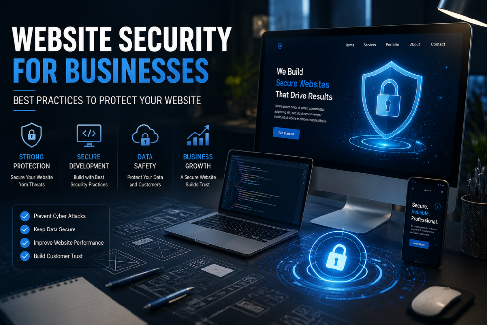 Business website security showing SSL protection, firewall, secure login, and cybersecurity for business websites