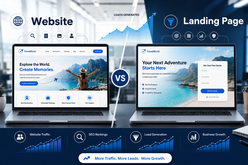 Website vs landing page comparison for lead generation and business growth